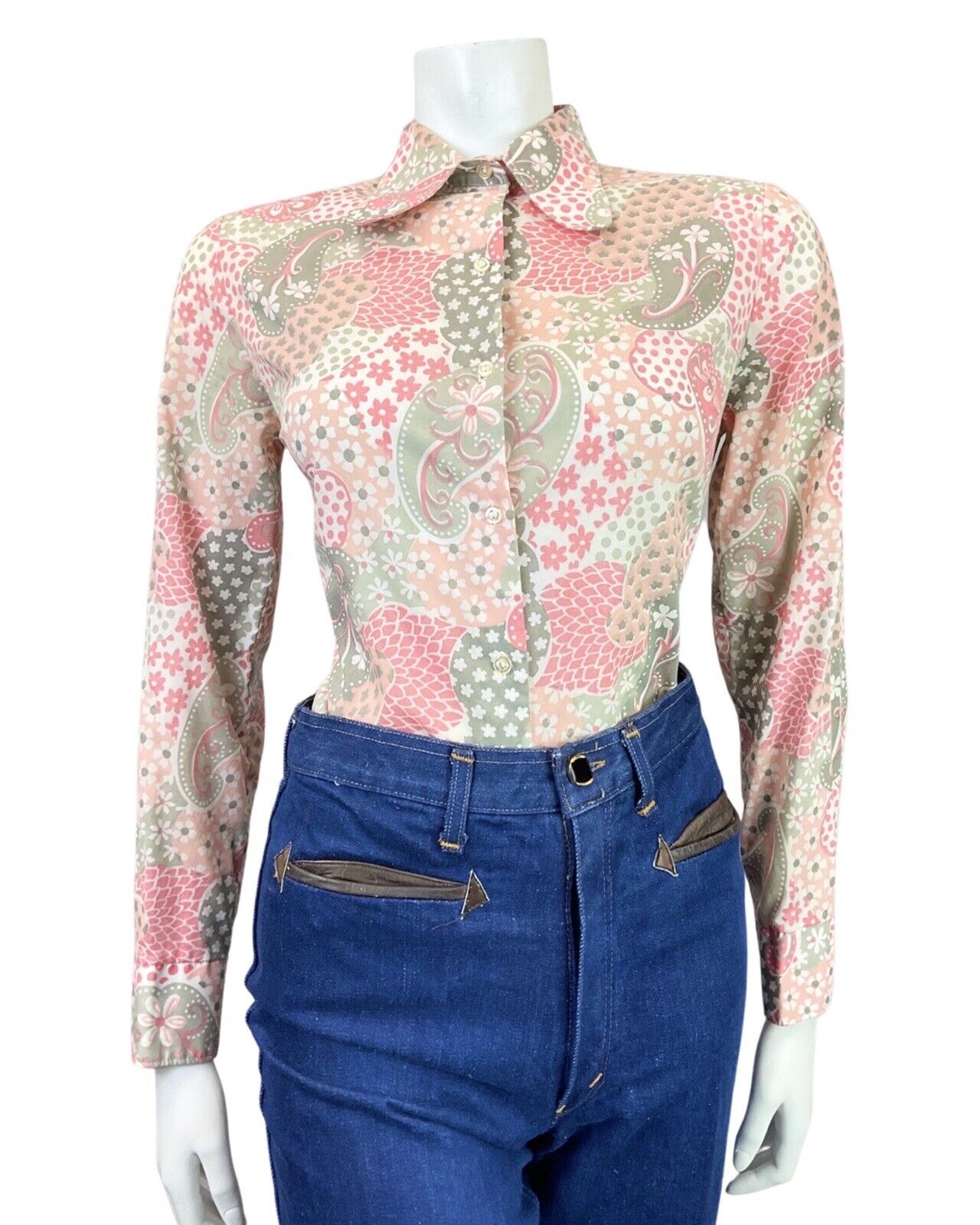 VINTAGE 60s 70s PINK GREY WHITE PSYCHEDELIC FLORAL MOD SPOON COLLAR SHIRT 12 14