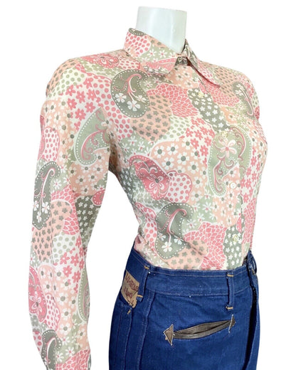 VINTAGE 60s 70s PINK GREY WHITE PSYCHEDELIC FLORAL MOD SPOON COLLAR SHIRT 12 14