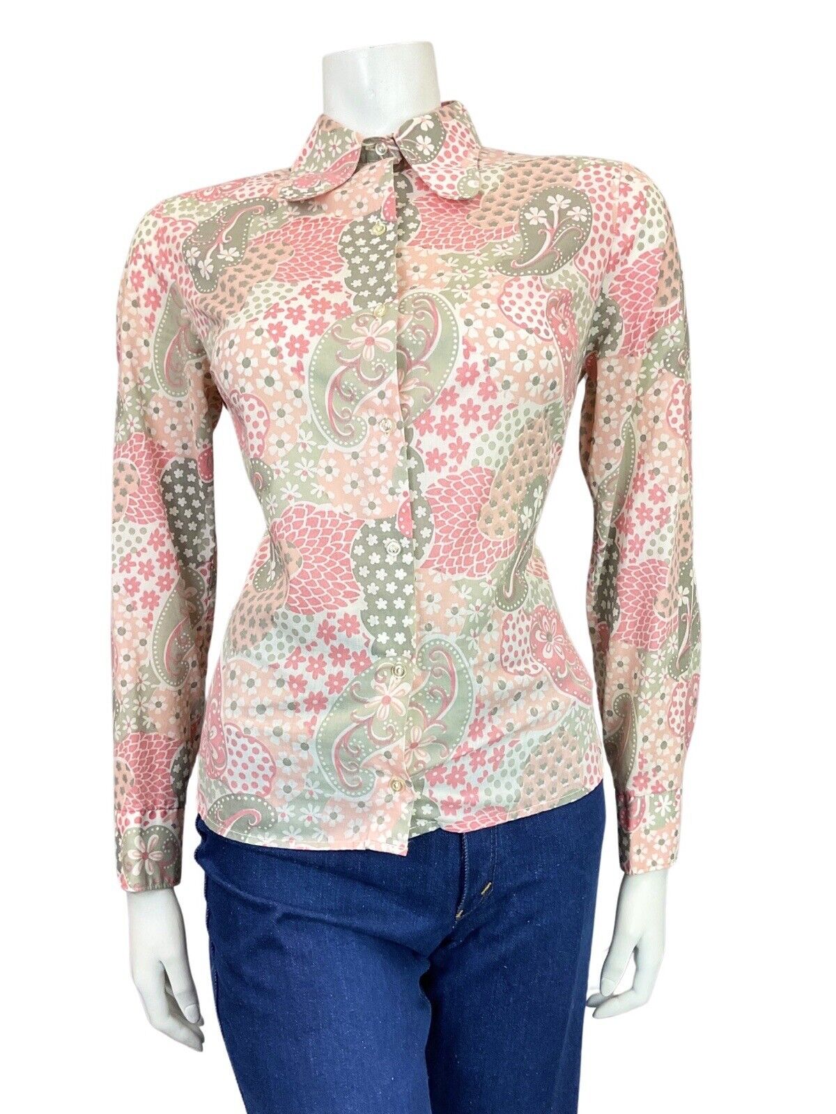 VINTAGE 60s 70s PINK GREY WHITE PSYCHEDELIC FLORAL MOD SPOON COLLAR SHIRT 12 14