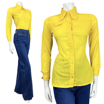 VINTAGE 60s 70s DAFFODIL YELLOW MOD BUTTON-UP SPOON COLLAR SHIRT 8 10