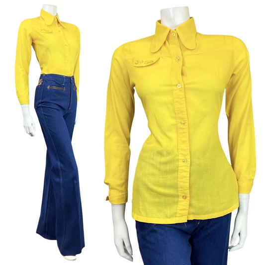 VINTAGE 60s 70s DAFFODIL YELLOW MOD BUTTON-UP SPOON COLLAR SHIRT 8 10