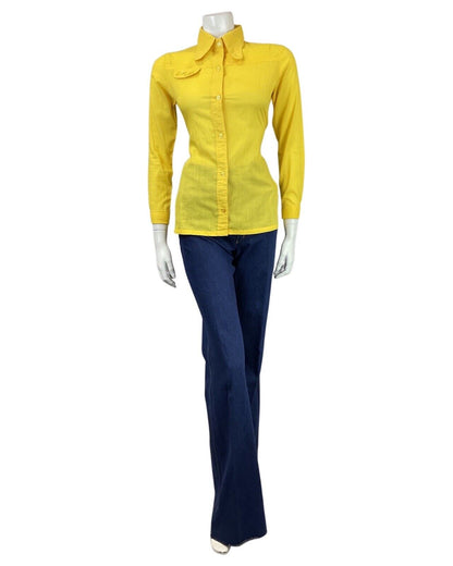 VINTAGE 60s 70s DAFFODIL YELLOW MOD BUTTON-UP SPOON COLLAR SHIRT 8 10