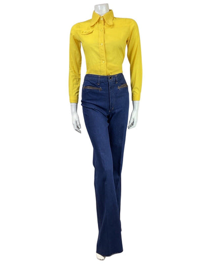 VINTAGE 60s 70s DAFFODIL YELLOW MOD BUTTON-UP SPOON COLLAR SHIRT 8 10