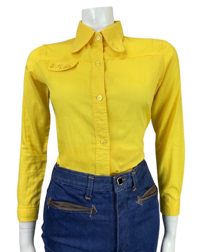 VINTAGE 60s 70s DAFFODIL YELLOW MOD BUTTON-UP SPOON COLLAR SHIRT 8 10