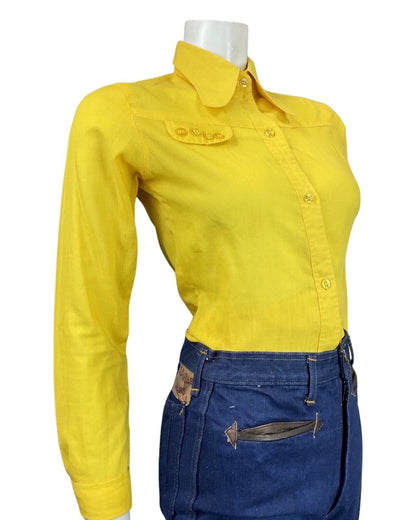 VINTAGE 60s 70s DAFFODIL YELLOW MOD BUTTON-UP SPOON COLLAR SHIRT 8 10