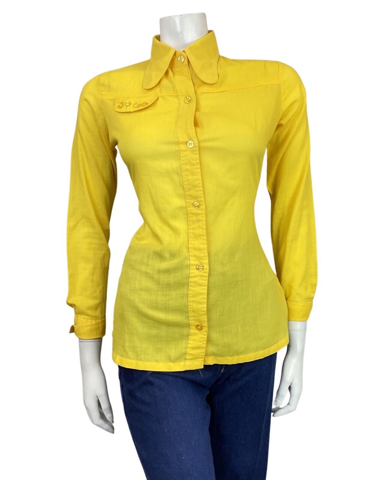 VINTAGE 60s 70s DAFFODIL YELLOW MOD BUTTON-UP SPOON COLLAR SHIRT 8 10