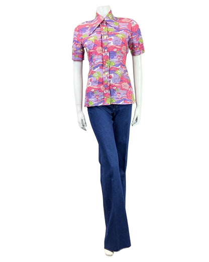 VINTAGE 60s 70s PINK PURPLE GREEN PSYCHEDELIC FLORAL DAGGER SHIRT BLOUSE 10 12