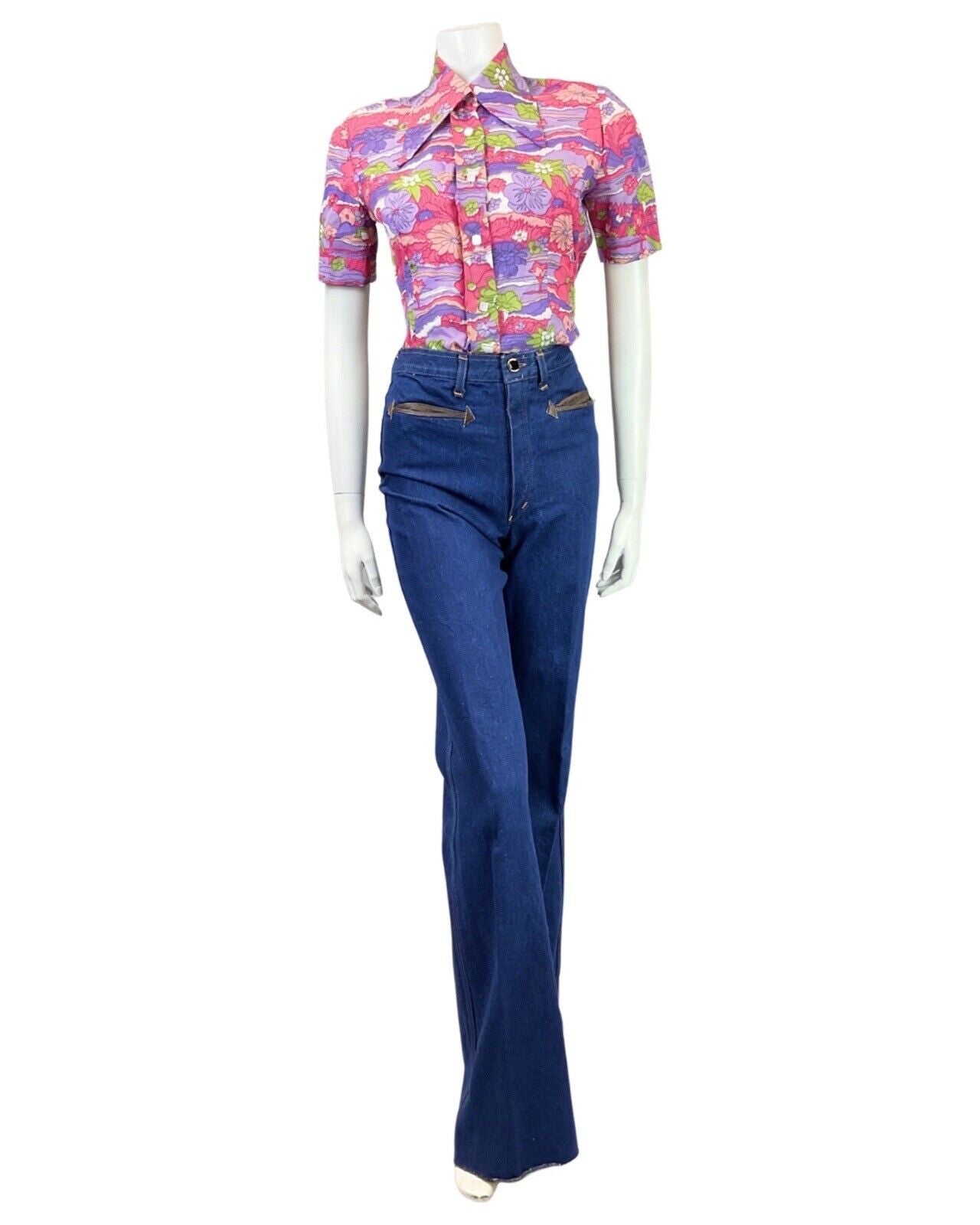 VINTAGE 60s 70s PINK PURPLE GREEN PSYCHEDELIC FLORAL DAGGER SHIRT BLOUSE 10 12