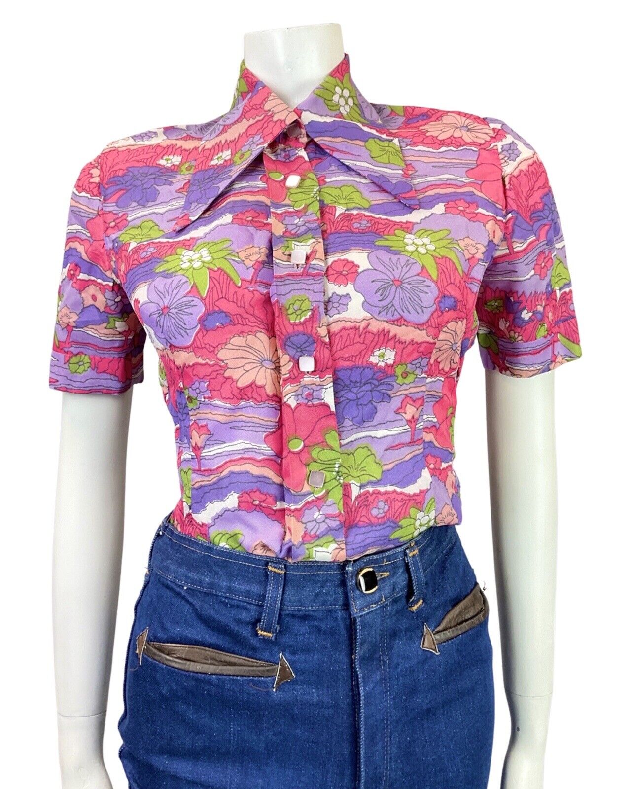 VINTAGE 60s 70s PINK PURPLE GREEN PSYCHEDELIC FLORAL DAGGER SHIRT BLOUSE 10 12