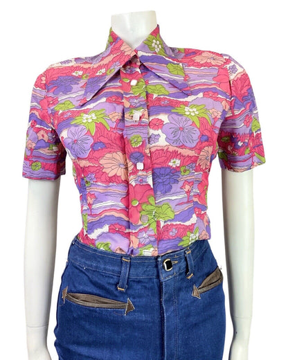 VINTAGE 60s 70s PINK PURPLE GREEN PSYCHEDELIC FLORAL DAGGER SHIRT BLOUSE 10 12