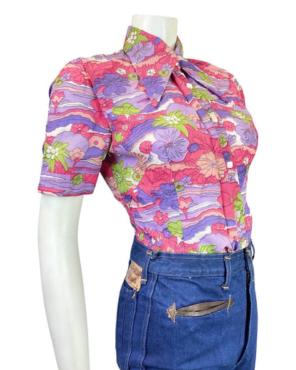 VINTAGE 60s 70s PINK PURPLE GREEN PSYCHEDELIC FLORAL DAGGER SHIRT BLOUSE 10 12