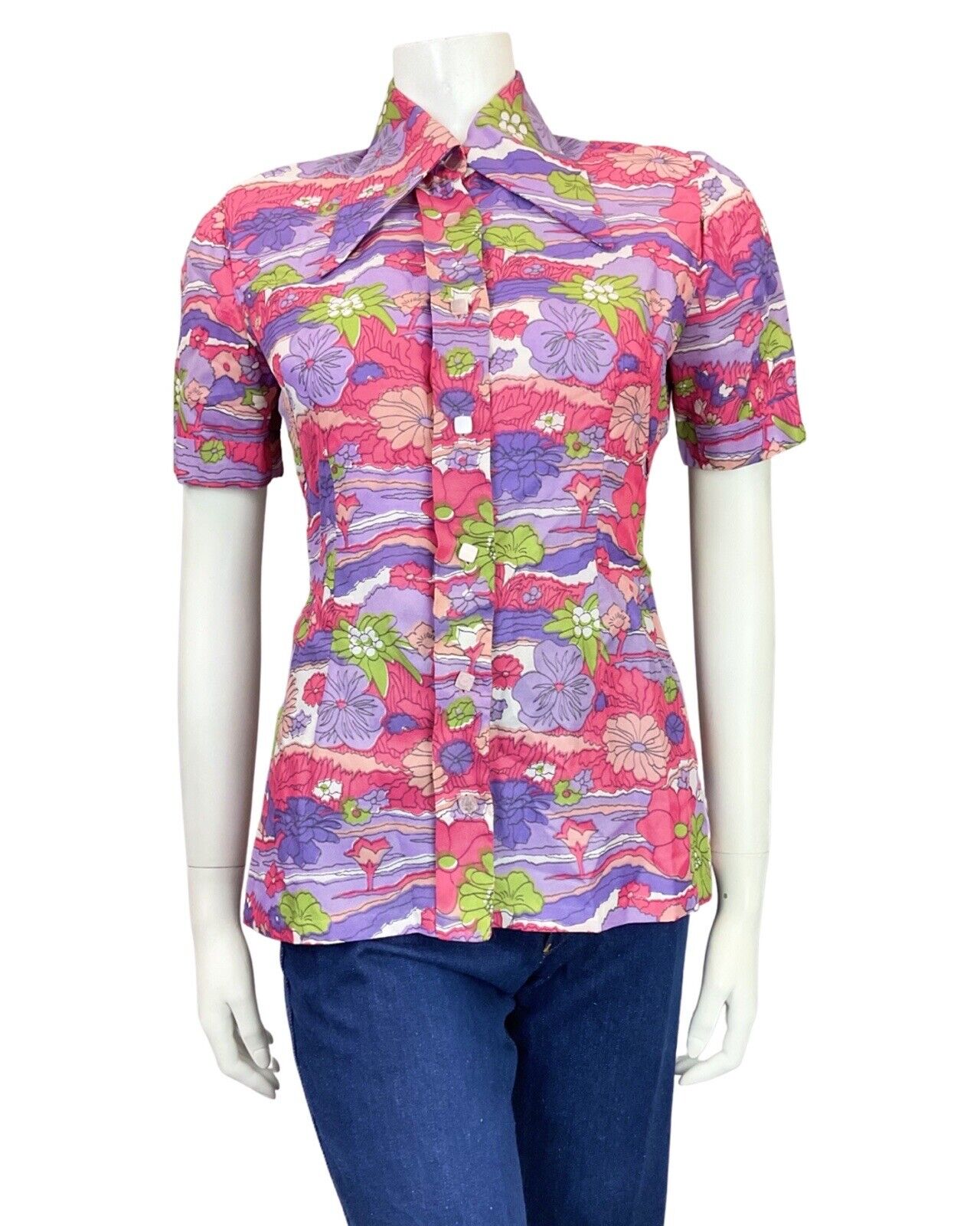VINTAGE 60s 70s PINK PURPLE GREEN PSYCHEDELIC FLORAL DAGGER SHIRT BLOUSE 10 12