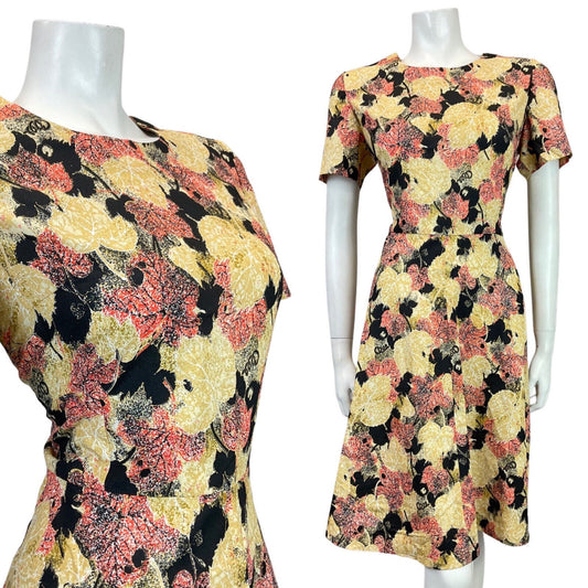 VINTAGE 60s 70s YELLOW BLACK RED AUTUMNAL LEAFY MOD SWING DRESS 14 16