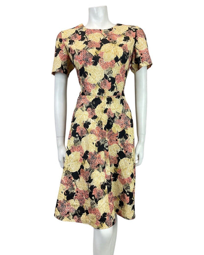 VINTAGE 60s 70s YELLOW BLACK RED AUTUMNAL LEAFY MOD SWING DRESS 14 16