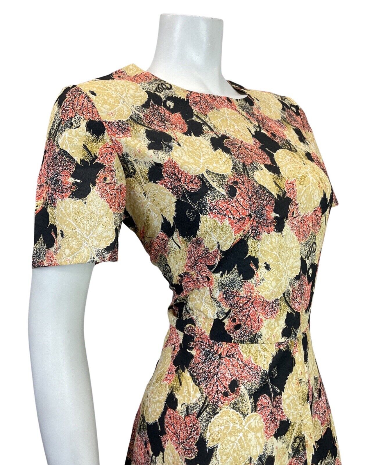 VINTAGE 60s 70s YELLOW BLACK RED AUTUMNAL LEAFY MOD SWING DRESS 14 16