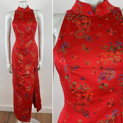 VTG 70’s Chinese Qipao Cheongsam dress red gold blue green black floral 6 8