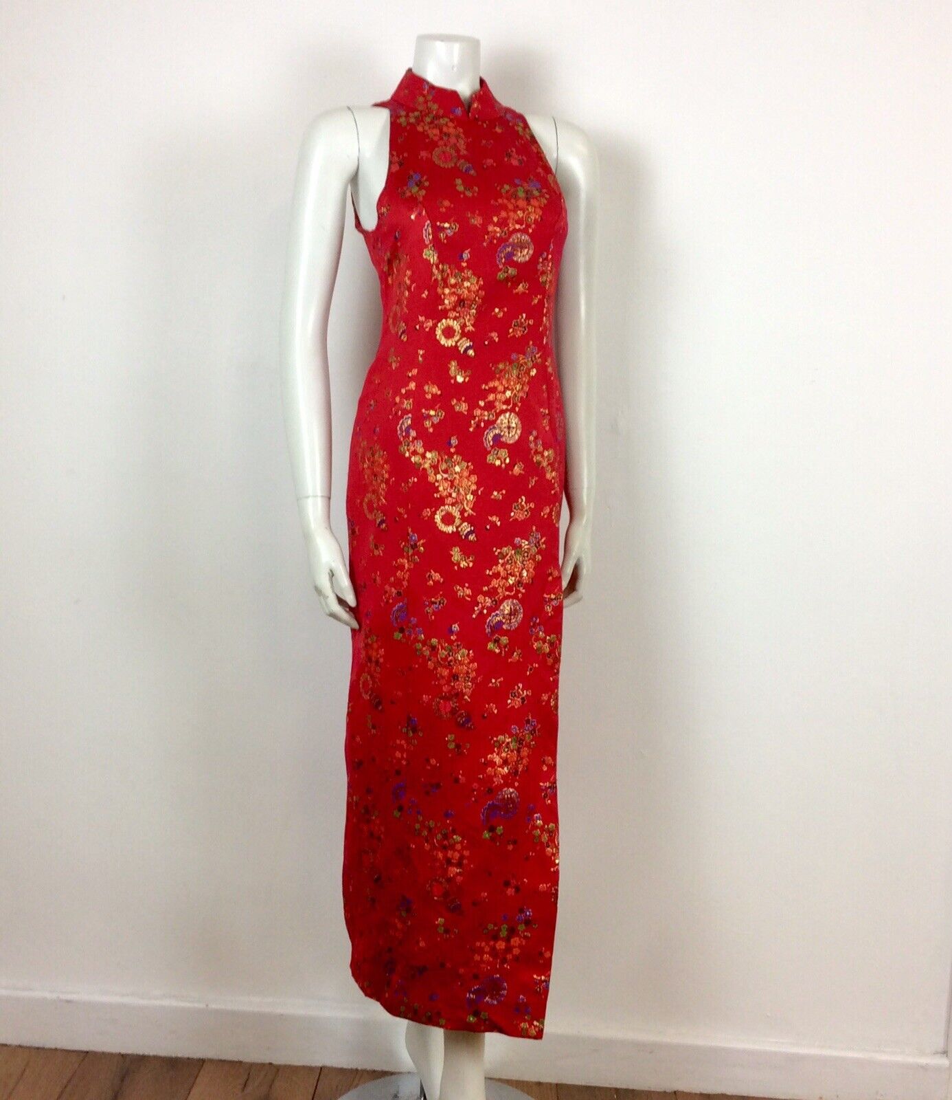 VTG 70’s Chinese Qipao Cheongsam dress red gold blue green black floral 6 8