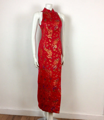 VTG 70’s Chinese Qipao Cheongsam dress red gold blue green black floral 6 8