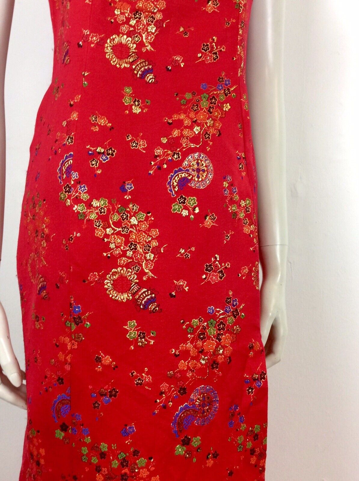 VTG 70’s Chinese Qipao Cheongsam dress red gold blue green black floral 6 8