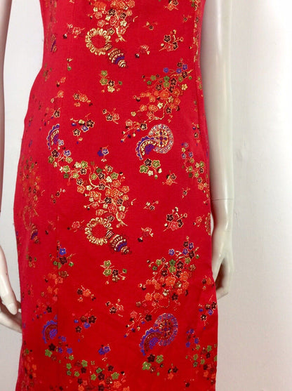 VTG 70’s Chinese Qipao Cheongsam dress red gold blue green black floral 6 8