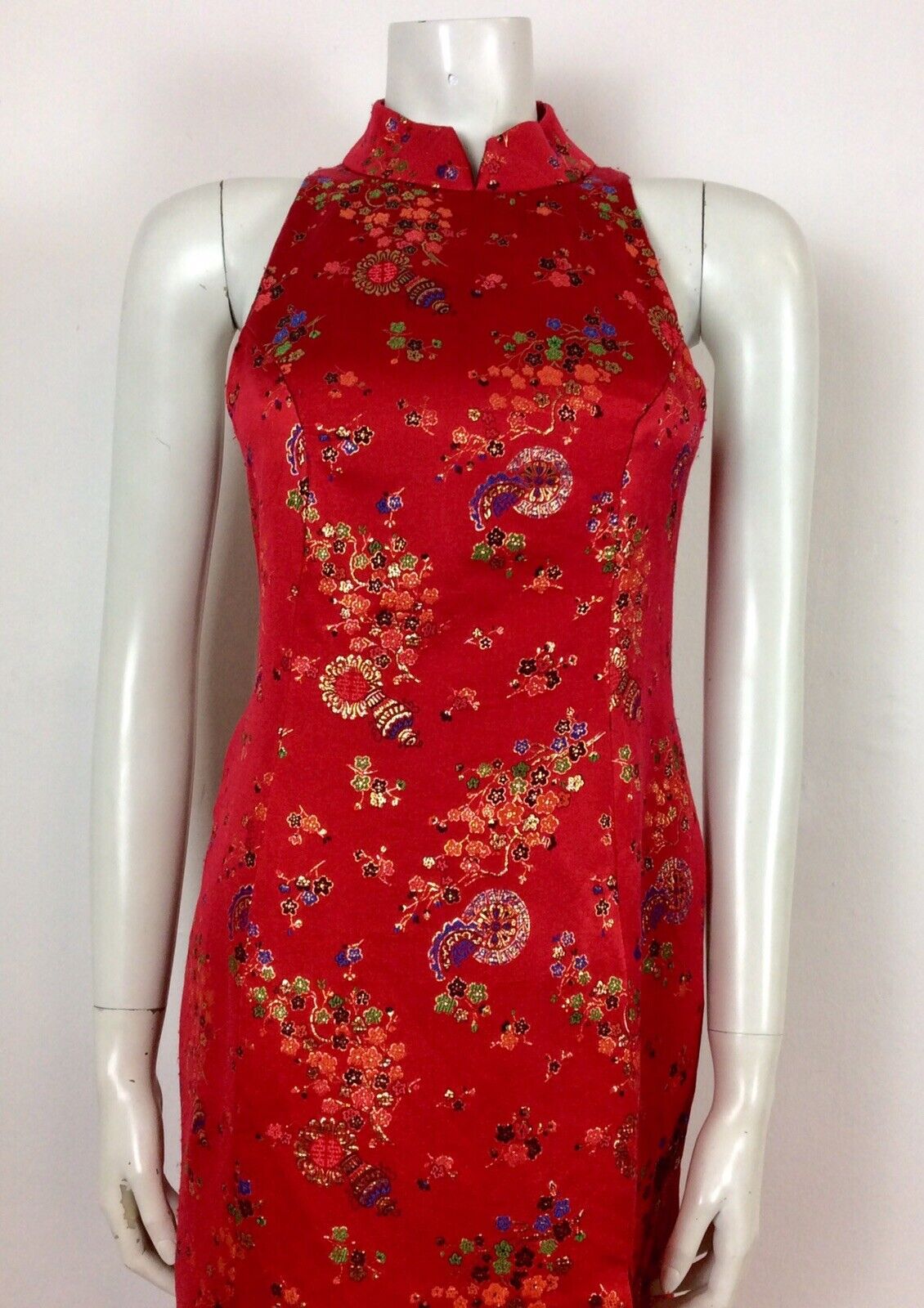 VTG 70’s Chinese Qipao Cheongsam dress red gold blue green black floral 6 8