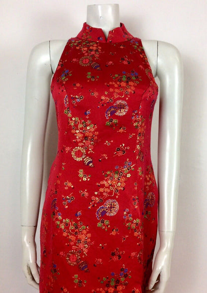 VTG 70’s Chinese Qipao Cheongsam dress red gold blue green black floral 6 8