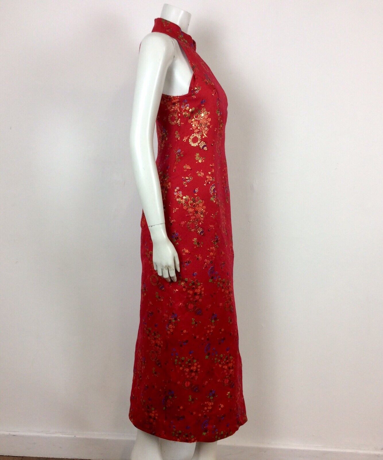 VTG 70’s Chinese Qipao Cheongsam dress red gold blue green black floral 6 8