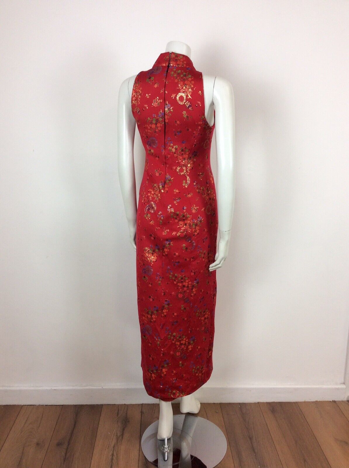 VTG 70’s Chinese Qipao Cheongsam dress red gold blue green black floral 6 8