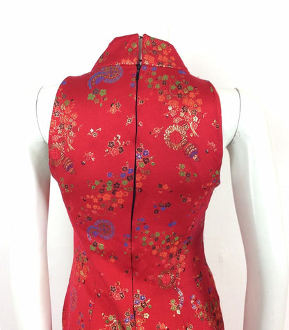 VTG 70’s Chinese Qipao Cheongsam dress red gold blue green black floral 6 8