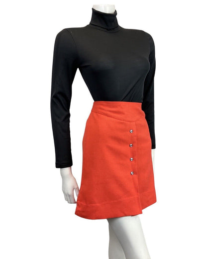 VINTAGE 60s 70s RED BLACK BUTTONED MOD A-LINE SHORT SKIRT 4 6