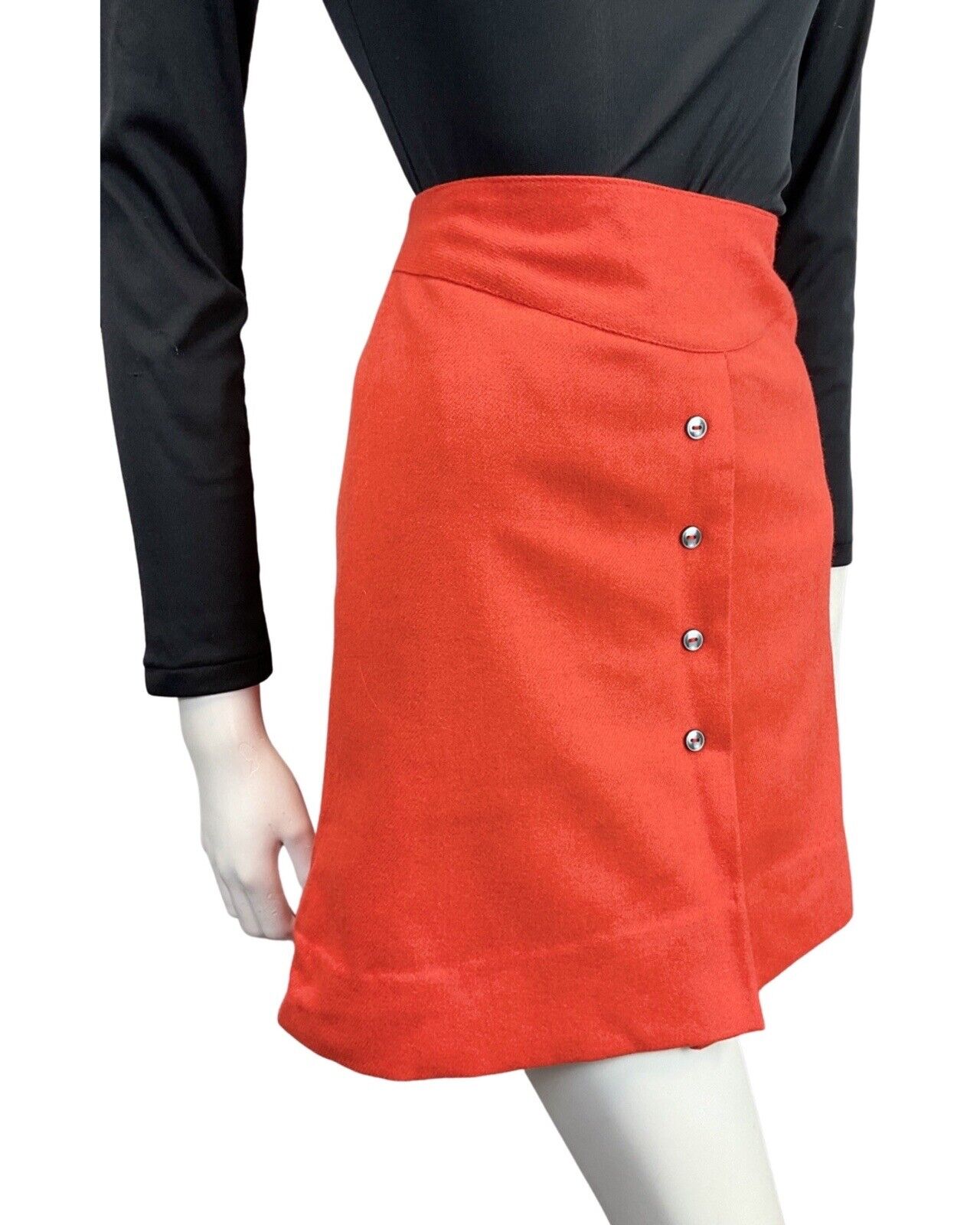 VINTAGE 60s 70s RED BLACK BUTTONED MOD A-LINE SHORT SKIRT 4 6