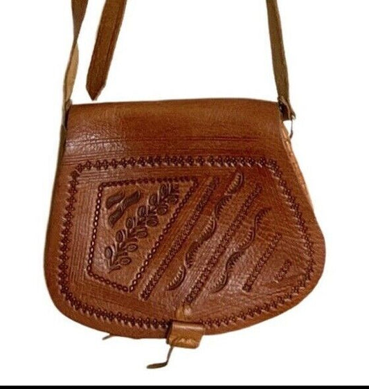 VINTAGE 60s 70s BROWN TOOLED LEATHER BOHO FLORAL VINE LEAFY MINI SHOULDER BAG