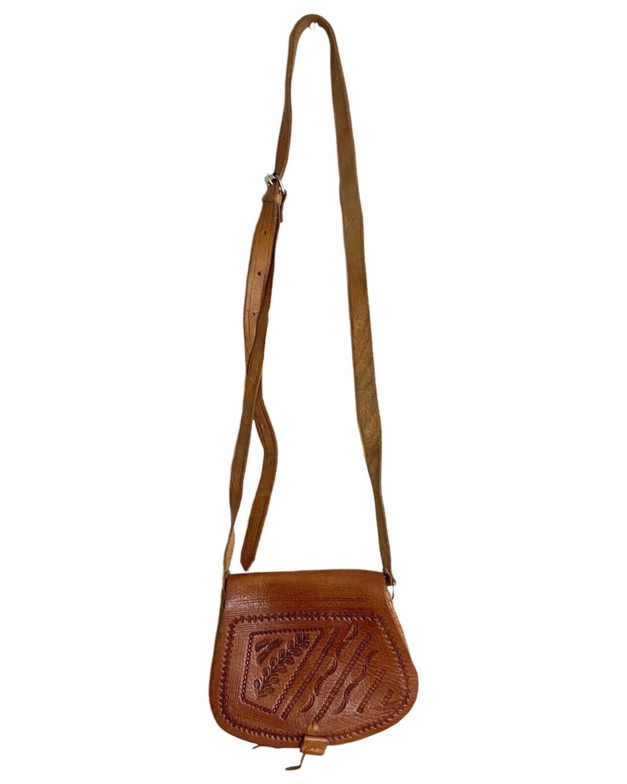 VINTAGE 60s 70s BROWN TOOLED LEATHER BOHO FLORAL VINE LEAFY MINI SHOULDER BAG