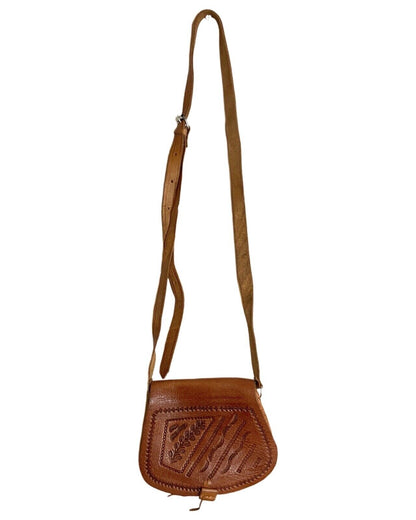 VINTAGE 60s 70s BROWN TOOLED LEATHER BOHO FLORAL VINE LEAFY MINI SHOULDER BAG