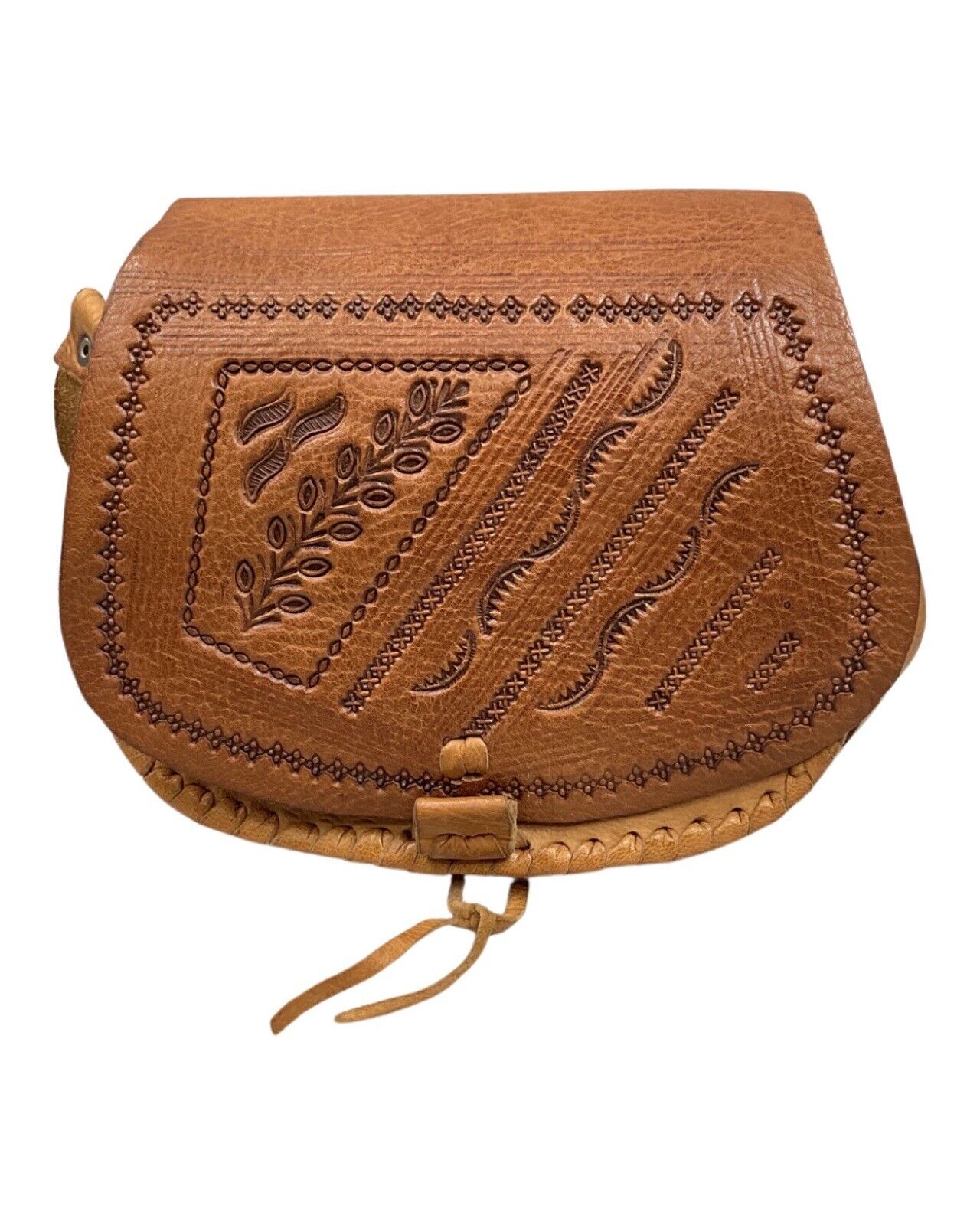 VINTAGE 60s 70s BROWN TOOLED LEATHER BOHO FLORAL VINE LEAFY MINI SHOULDER BAG