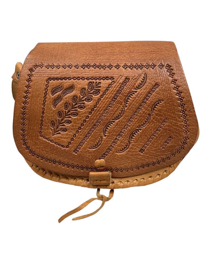 VINTAGE 60s 70s BROWN TOOLED LEATHER BOHO FLORAL VINE LEAFY MINI SHOULDER BAG