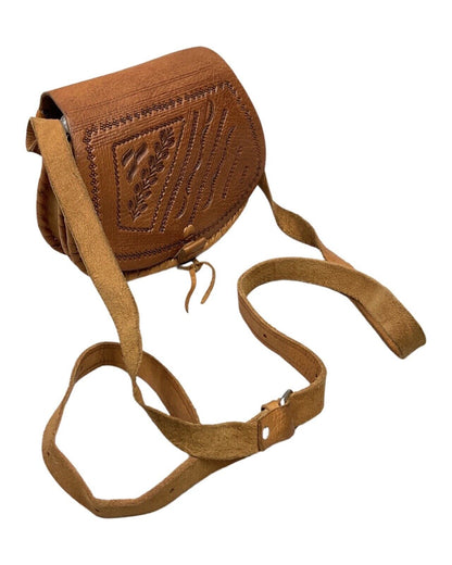 VINTAGE 60s 70s BROWN TOOLED LEATHER BOHO FLORAL VINE LEAFY MINI SHOULDER BAG