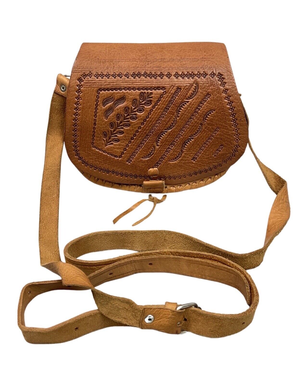 VINTAGE 60s 70s BROWN TOOLED LEATHER BOHO FLORAL VINE LEAFY MINI SHOULDER BAG