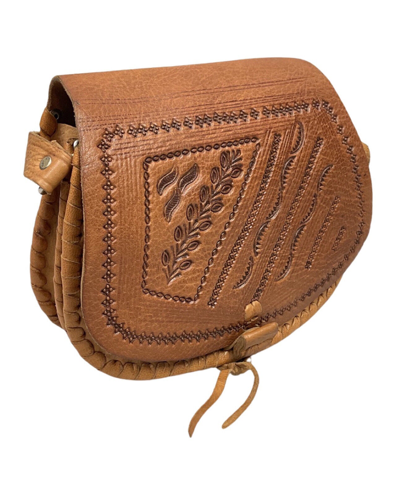 VINTAGE 60s 70s BROWN TOOLED LEATHER BOHO FLORAL VINE LEAFY MINI SHOULDER BAG