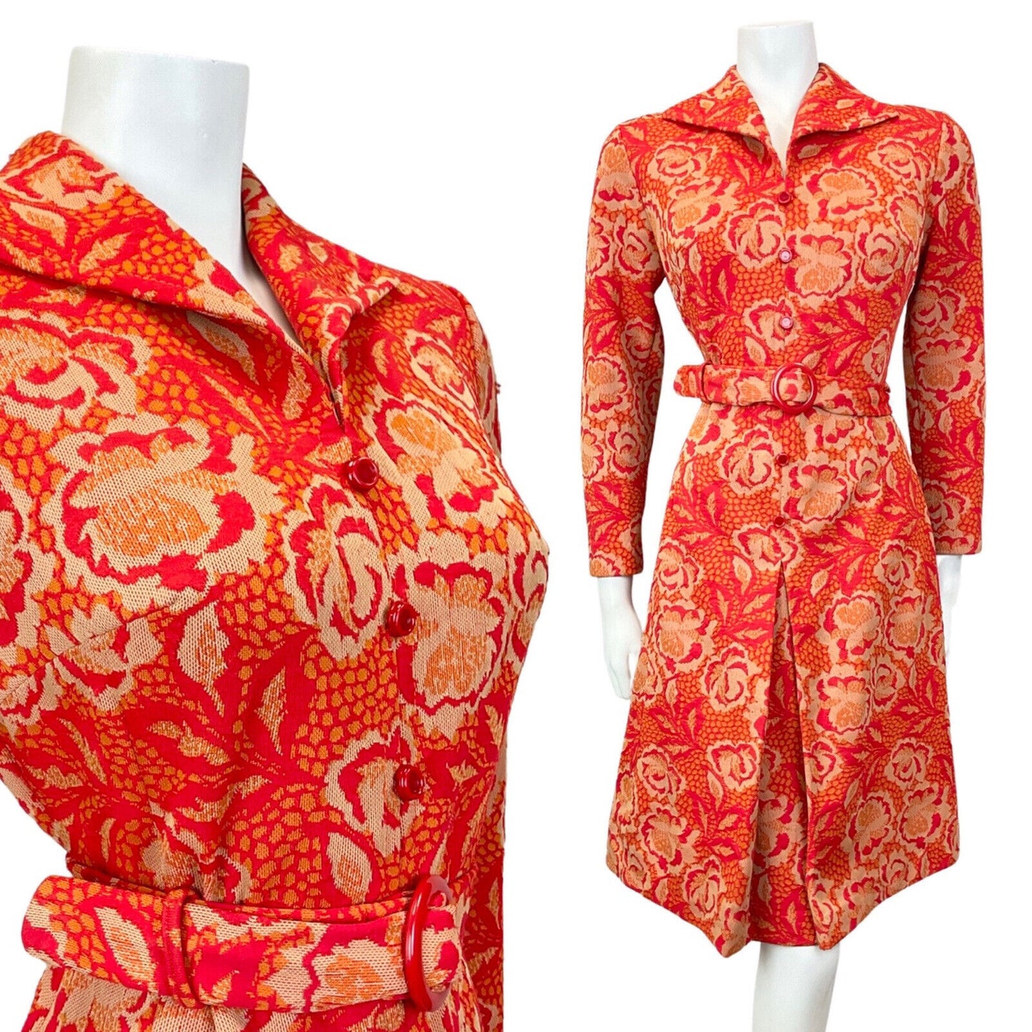 VINTAGE 60s 70s RED ORANGE BEIGE FLORAL ROSE BELTED MOD SHIRT DRESS 8 10