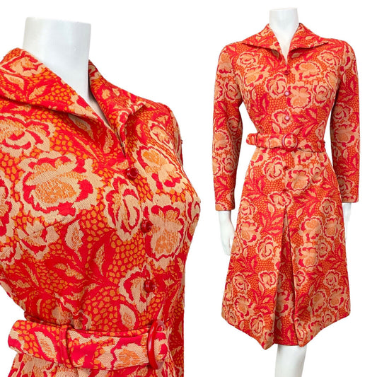 VINTAGE 60s 70s RED ORANGE BEIGE FLORAL ROSE BELTED MOD SHIRT DRESS 8 10