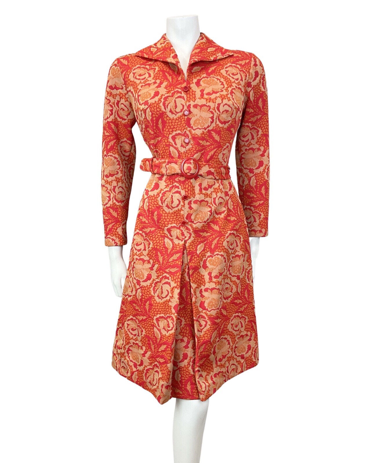 VINTAGE 60s 70s RED ORANGE BEIGE FLORAL ROSE BELTED MOD SHIRT DRESS 8 10