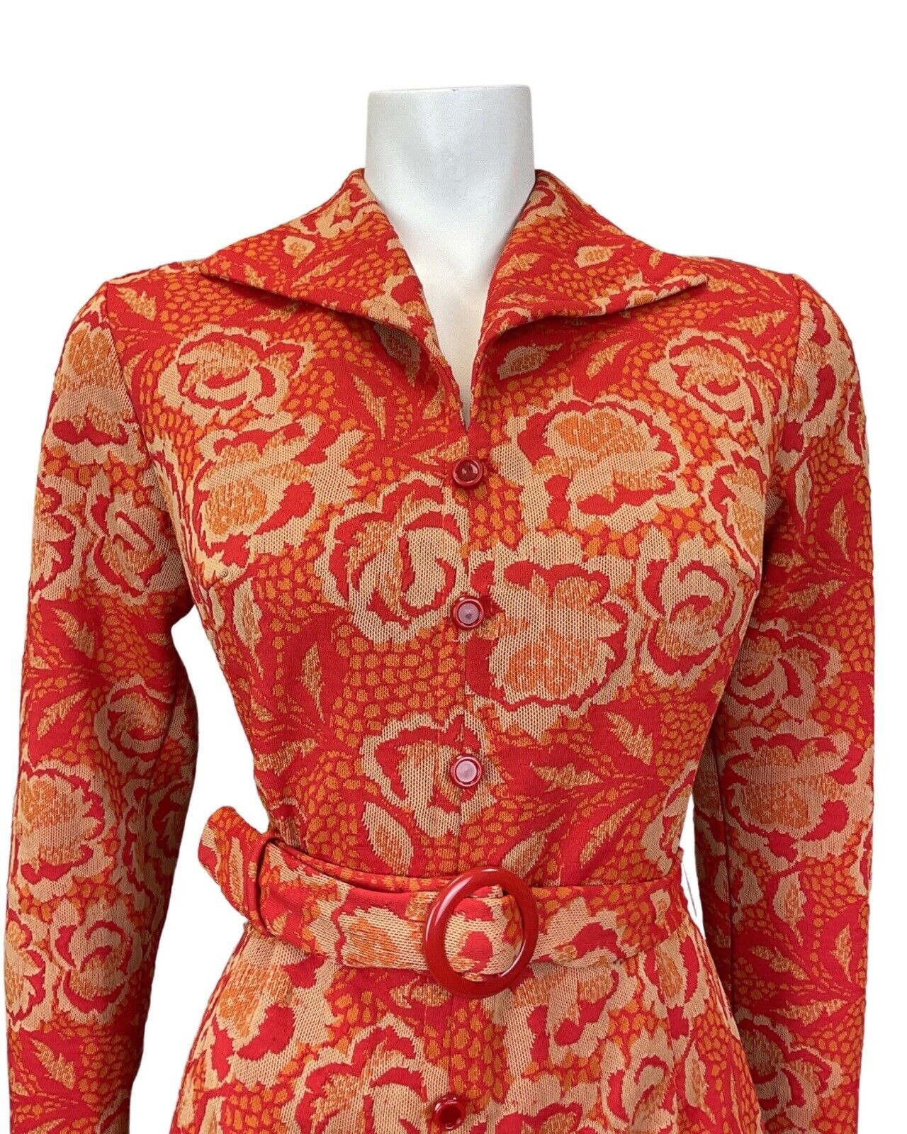 VINTAGE 60s 70s RED ORANGE BEIGE FLORAL ROSE BELTED MOD SHIRT DRESS 8 10
