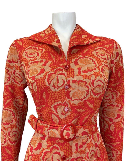 VINTAGE 60s 70s RED ORANGE BEIGE FLORAL ROSE BELTED MOD SHIRT DRESS 8 10