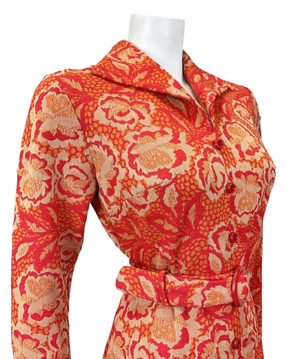 VINTAGE 60s 70s RED ORANGE BEIGE FLORAL ROSE BELTED MOD SHIRT DRESS 8 10