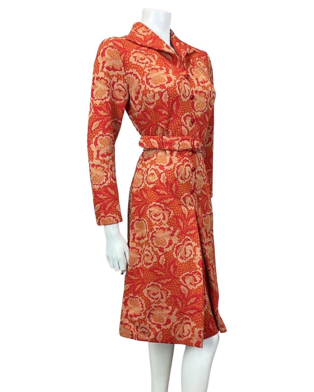 VINTAGE 60s 70s RED ORANGE BEIGE FLORAL ROSE BELTED MOD SHIRT DRESS 8 10