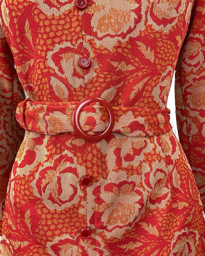 VINTAGE 60s 70s RED ORANGE BEIGE FLORAL ROSE BELTED MOD SHIRT DRESS 8 10