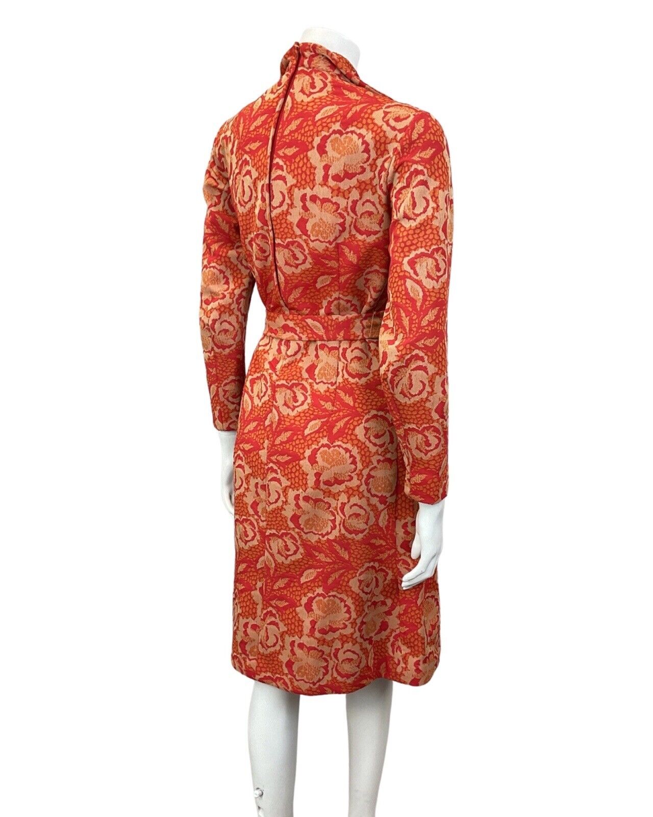 VINTAGE 60s 70s RED ORANGE BEIGE FLORAL ROSE BELTED MOD SHIRT DRESS 8 10