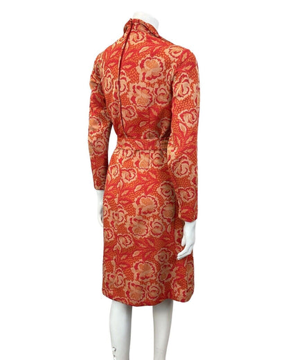VINTAGE 60s 70s RED ORANGE BEIGE FLORAL ROSE BELTED MOD SHIRT DRESS 8 10