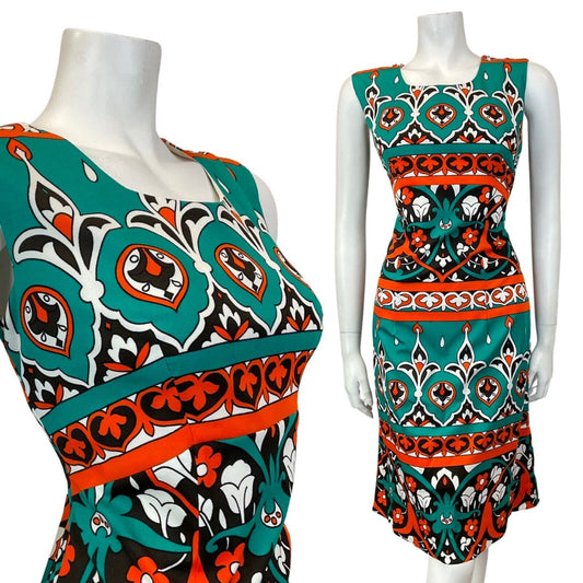 VINTAGE 60s 70s GREEN BLACK ORANGE FLORAL ART NOUVEAU SLEEVELESS DRESS 14